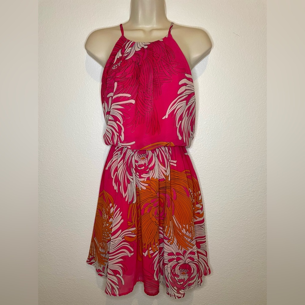 Umgee USA Pink Orange Chiffon Floral Lined Flowy Dress Spaghetti Straps Small